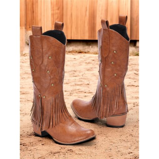 Women's Brown Faux Leather Western Cowboy Boots with Fringe Detailing for Casual Wear 2025