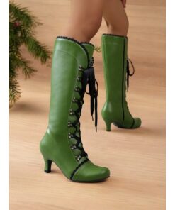 Women's Green Victorian Lace-Up Boots - Retro Mid-Calf Leather Boots with Black Lace Trim and Kitten Heel, Perfect for Cosplay, Parties, and Vintage S