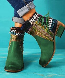 Boho Chic Women's Ankle Boots with Colorful Patchwork and Zipper – Vintage Style Lace-Up Boots for Fall and Winter 2025