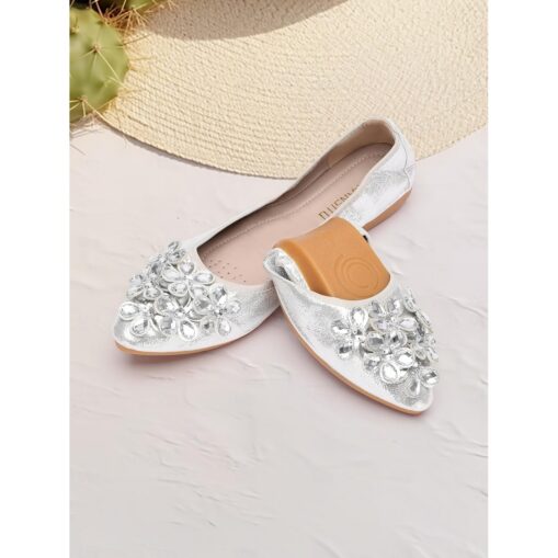 Women's Silver Foldable Flats with Rhinestone Embellishments - Comfortable, Lightweight Shoes for Travel, Parties, and Special Occasions 2025