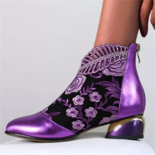 Women's Rhinestone Embellished Floral Jacquard Ankle Boots - Elegant Blue Velvet Heels for Evening Events 2025 - Image 4