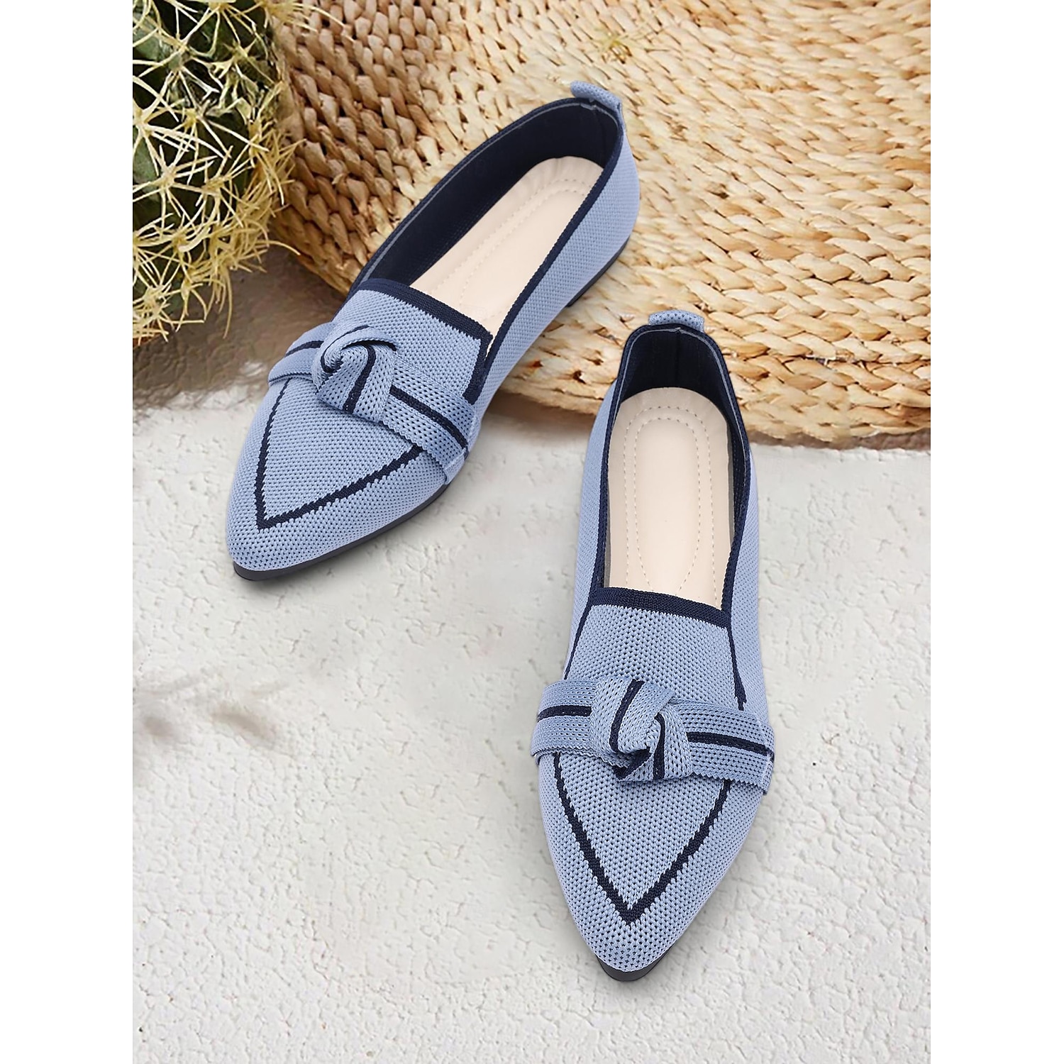 Women's Blue Knit Pointed Toe Flats with Bow – Comfortable Slip-On Loafers for Casual and Everyday Wear 2025