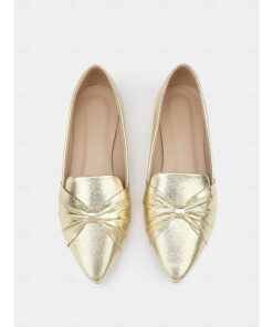 Women's Gold Metallic Pointed-Toe Flats – Elegant Knot Detail Loafers for Parties, Work, or Casual Wear 2025
