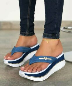 Women's Denim Wedge Flip-Flop Sandals – Stylish Casual Beachwear with Comfort Sole and Metal Accent 2025