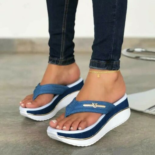Women's Denim Wedge Flip-Flop Sandals – Stylish Casual Beachwear with Comfort Sole and Metal Accent 2025
